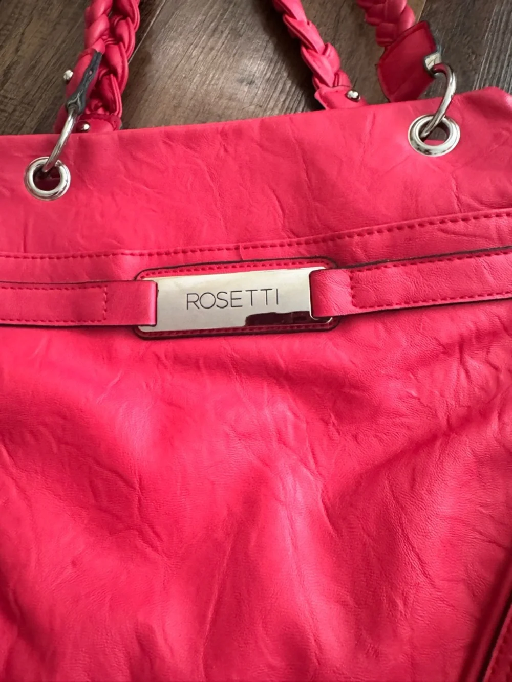 Rosetti Braided Handle Handbag Faux Leather Shoulder Bag Salmon Pink 14”x9.5”.